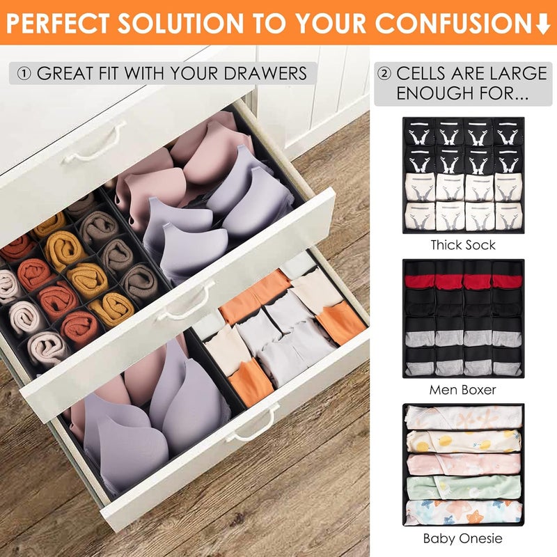 Criusia 3 Pack Bra Underwear Drawer Organizer Dividers, 26 Cell Fabric Foldable Dresser Closet Organizers and Storage Boxes for Baby Clothes, Bra, Socks, Underwear, Ties (5+5+16 Slots, Black) - Image 4