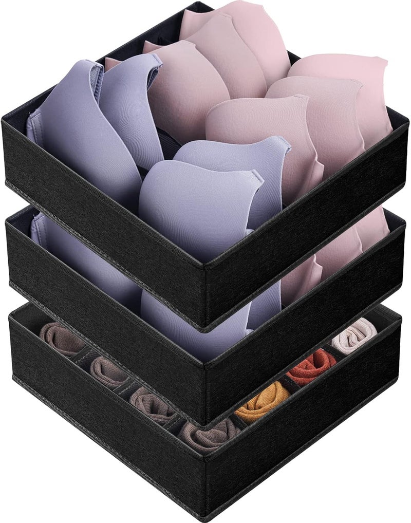 Criusia 3 Pack Bra Underwear Drawer Organizer Dividers, 26 Cell Fabric Foldable Dresser Closet Organizers and Storage Boxes for Baby Clothes, Bra, Socks, Underwear, Ties (5+5+16 Slots, Black) - Image 1