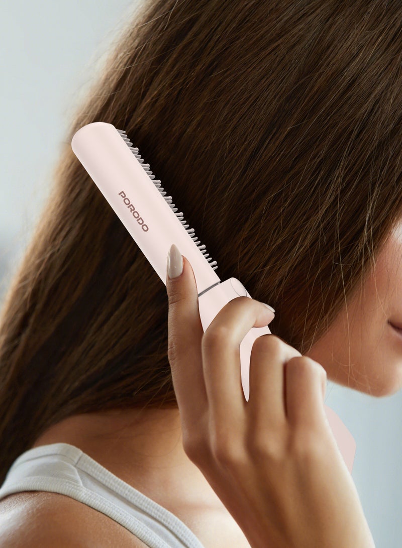 porodo Lifestyle Rechargeable & Foldable Mini Electrical Hair Straightener Comb / Even Heat Distribution Brush / Ceramic‐Coated Teeth / 3 Heat Modes / Auto Safety Shut‐off - Pink - Image 2
