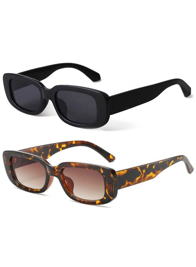 KUGUAOK Retro Rectangle Sunglasses Women and Men Vintage Small Square Sun Glasses UV Protection Glasse, 2 Pack Black + Leopard, 2 PACK - Image 1