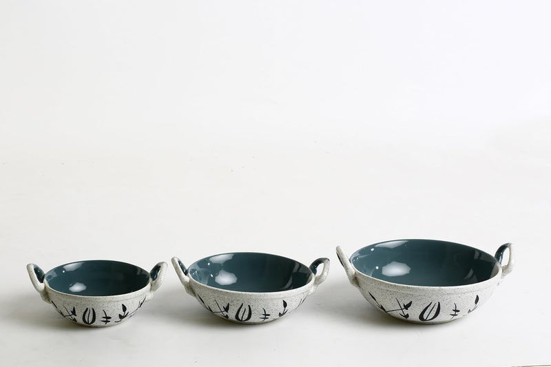 Caffeine Ceramic Handmade Stoneware Green White Bamboo Serving Kadhai Set of 3 Microwave Dishwasher Safe - Image 1