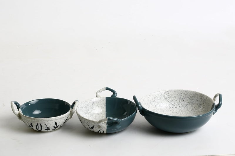 Caffeine Ceramic Handmade Stoneware Green White Bamboo Serving Kadhai Set of 3 Microwave Dishwasher Safe - Image 4