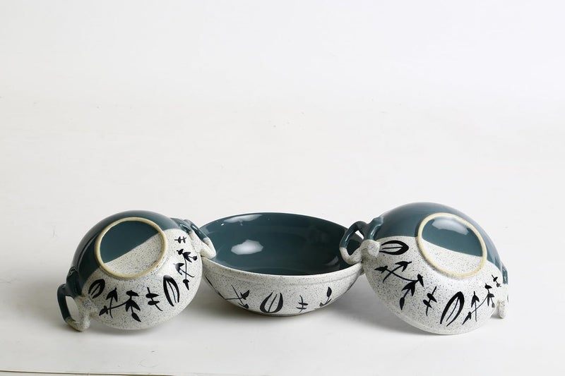 Caffeine Ceramic Handmade Stoneware Green White Bamboo Serving Kadhai Set of 3 Microwave Dishwasher Safe - Image 3