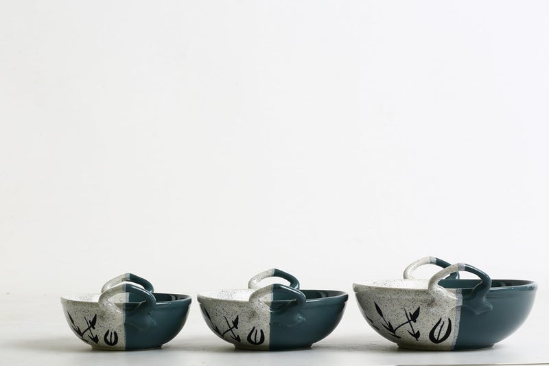 Caffeine Ceramic Handmade Stoneware Green White Bamboo Serving Kadhai Set of 3 Microwave Dishwasher Safe - Image 2