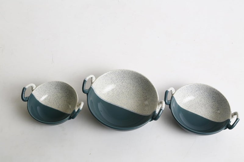 Caffeine Ceramic Handmade Stoneware Green White Bamboo Serving Kadhai Set of 3 Microwave Dishwasher Safe - Image 5