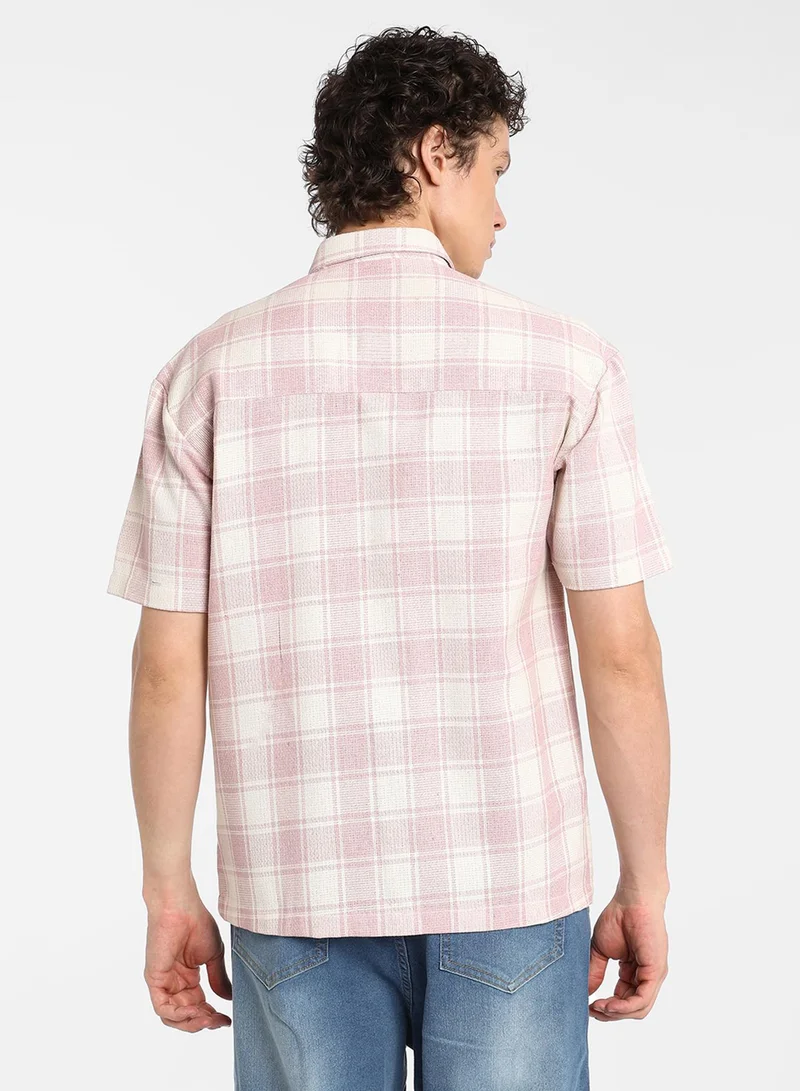Campus Sutra Men's Blush Pink & Powder White Buffalo Check Shirt