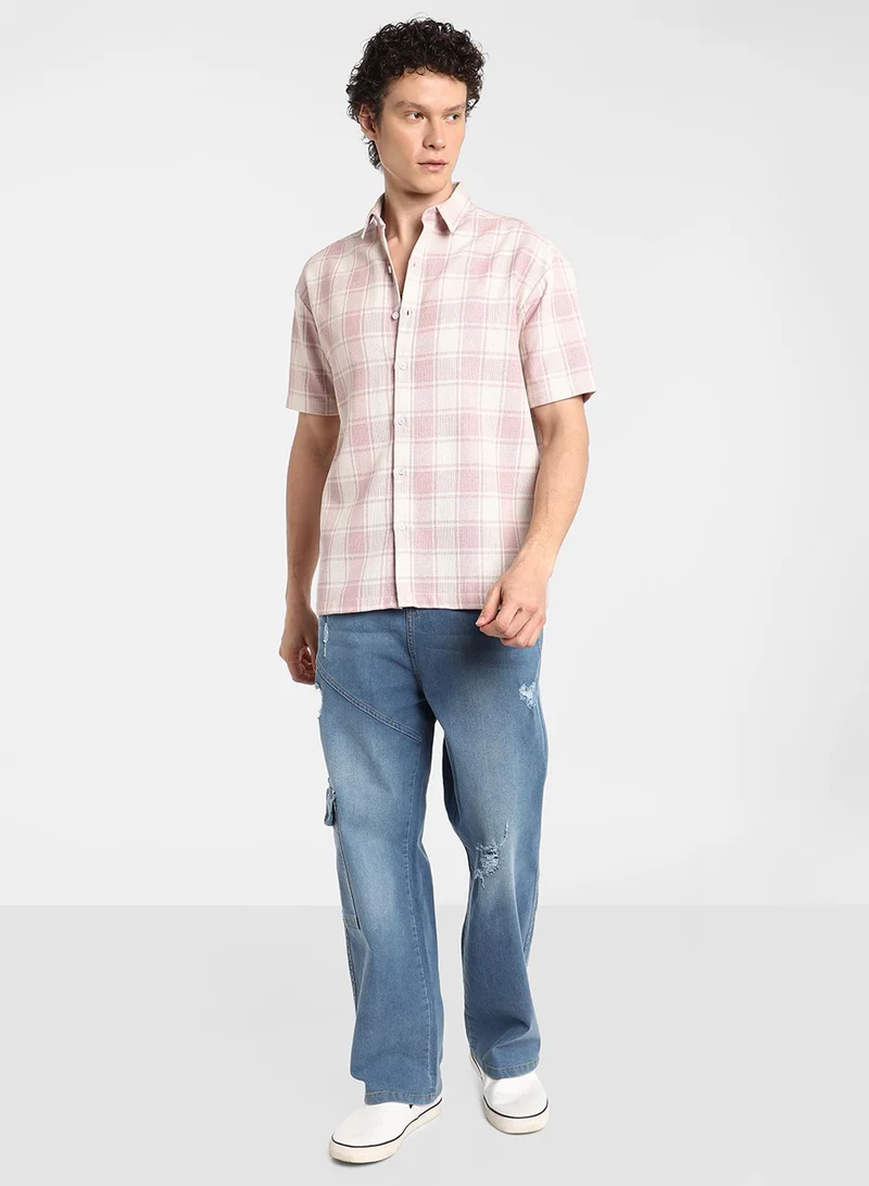Campus Sutra Men's Blush Pink & Powder White Buffalo Check Shirt