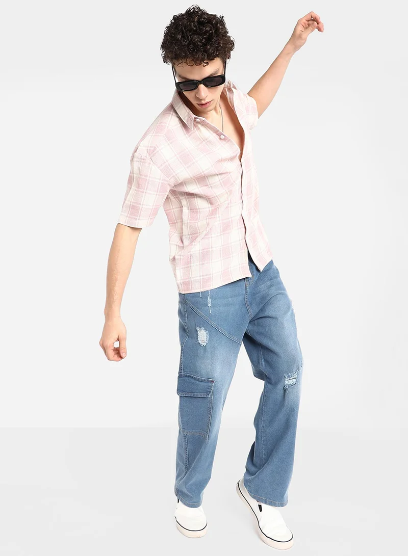 Campus Sutra Men's Blush Pink & Powder White Buffalo Check Shirt