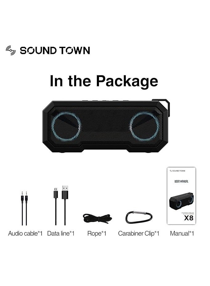MYKX8 Portable TWS Bluetooth Speakers, IPX7 Waterproof, Stereo Sound, LED Light, Built-in Mic for Phone Calls and Battery Power Bank, for Home and Outdoor, Black - Image 5