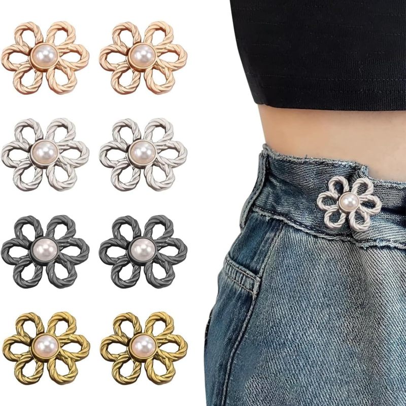 Pant Waist Tightener: No Sewing Adjustable Waist Buckle - Flower-Shaped Concealed Button Clips for Loose Jeans Fix, Everyday Wear - Image 1