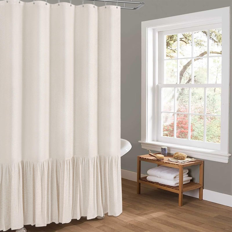 BTTN Stall Farmhouse Shower Curtain - 54x78 inch Rustic Heavy Duty Fabric Linen Shower Curtain Set with Ruffle Hem  Machine Washable  Vintage Shabby Chic Cloth Shower Curtain for Bathroom  Beige/Cream - Image 5