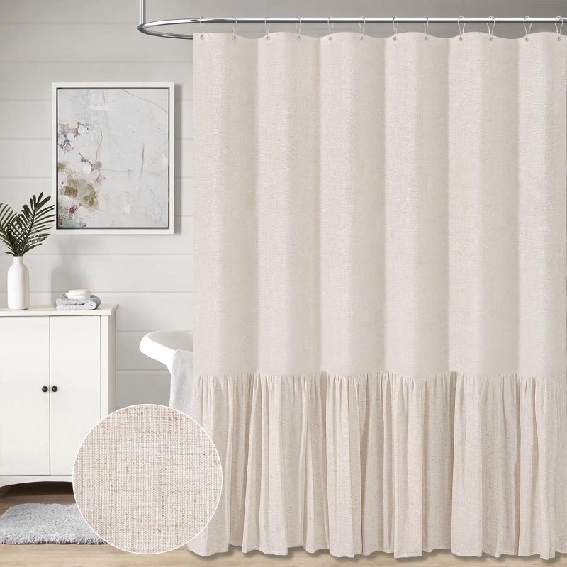 BTTN Stall Farmhouse Shower Curtain - 54x78 inch Rustic Heavy Duty Fabric Linen Shower Curtain Set with Ruffle Hem  Machine Washable  Vintage Shabby Chic Cloth Shower Curtain for Bathroom  Beige/Cream - Image 1