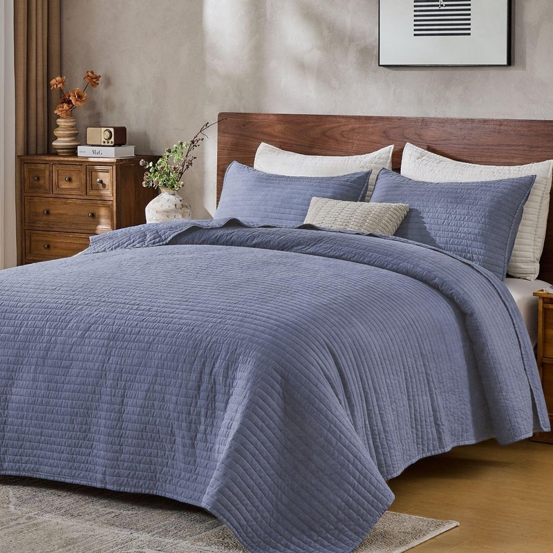 DOWN HOME Queen Quilt Bedding Set with Shams, Vintage Washed Soft Quilted Blanket Thin Comforter Lightweight Bedspread Coverlet Bed Cover, Brushed Microfiber Stripe Stitching, Vintage Denim, 86"x90" - Image 1