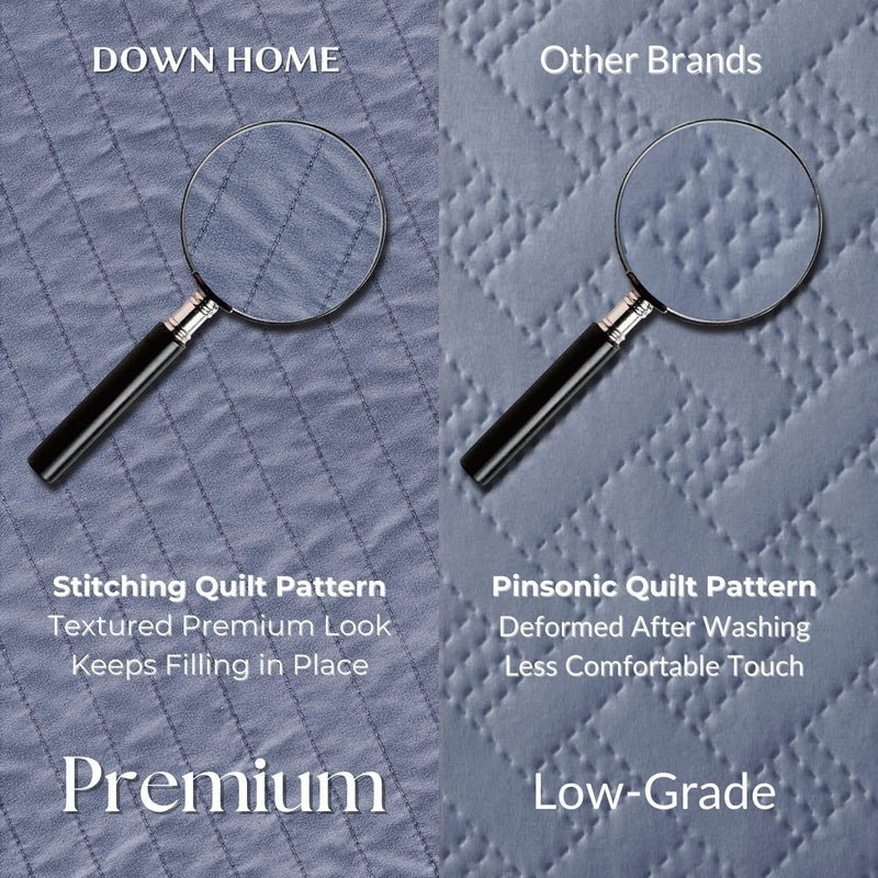 DOWN HOME Queen Quilt Bedding Set with Shams, Vintage Washed Soft Quilted Blanket Thin Comforter Lightweight Bedspread Coverlet Bed Cover, Brushed Microfiber Stripe Stitching, Vintage Denim, 86"x90" - Image 3