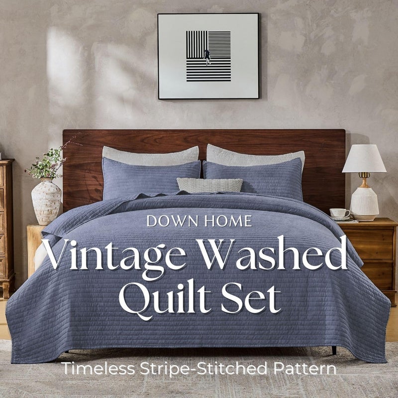 DOWN HOME Queen Quilt Bedding Set with Shams, Vintage Washed Soft Quilted Blanket Thin Comforter Lightweight Bedspread Coverlet Bed Cover, Brushed Microfiber Stripe Stitching, Vintage Denim, 86"x90" - Image 2