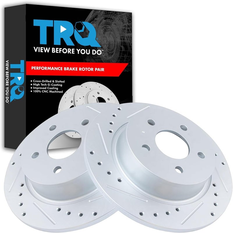 TRQ Rear Performance Brake Rotors Set Solid Premium G-Coated Cross Drilled & Slotted Compatible with 2013-2018 Ford C-Max 2013-2016 Escape 2014-2018 Transit Connect - Image 1