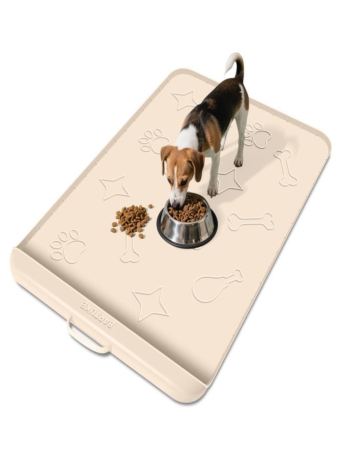 Bartuke Dog Food Mat with Collection Pocket, 42''x28'' Extra Large Silicone Pet Feeding Mat for Food and Water, Waterproof Anti-Slip Dog Mat with Edge and Handle, Pet Placement for Floor (Beige) - Image 1