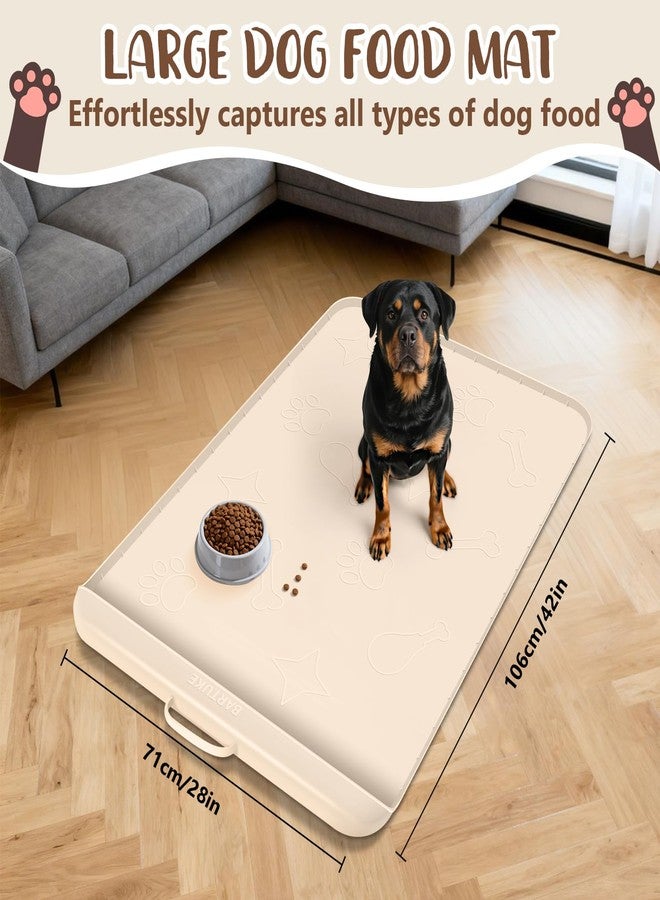 Bartuke Dog Food Mat with Collection Pocket, 42''x28'' Extra Large Silicone Pet Feeding Mat for Food and Water, Waterproof Anti-Slip Dog Mat with Edge and Handle, Pet Placement for Floor (Beige) - Image 2
