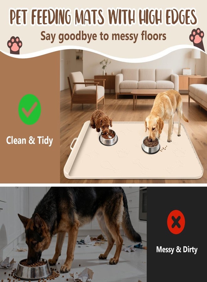 Bartuke Dog Food Mat with Collection Pocket, 42''x28'' Extra Large Silicone Pet Feeding Mat for Food and Water, Waterproof Anti-Slip Dog Mat with Edge and Handle, Pet Placement for Floor (Beige) - Image 3