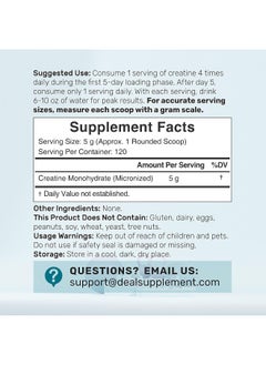 DEAL SUPPLEMENT Instant Creatine Monohydrate Powder 120 Servings - 5000Mg(5G) Per Serving | Unflavored Micronized Creatine | Improve Performance & Preworkout Recovery | Vegan, Keto | Non-Gmo, No Filler  - Image 2