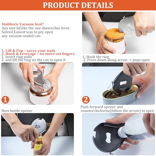 Uinxan Bottle Opener for Weak Hands & Seniors with Arthritis–5 in 1 for Vacuum Seals, Water, Small Jar Lids(0.6"-2.7"), Beer Caps, Pull Tabs–Multifunction Portable Tool for Elderly/Women/Men (Black) - Image 4