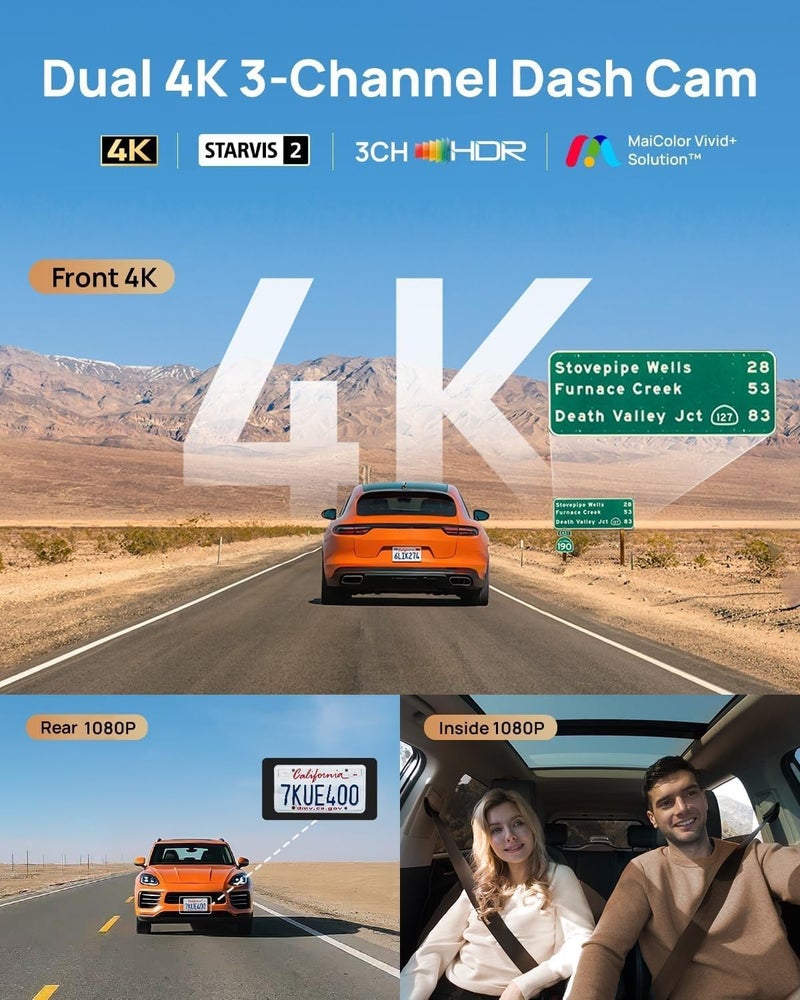 70mai 4K T800 3 Channel Dash Cam with Front, Rear, and Interior Recording - Image 2