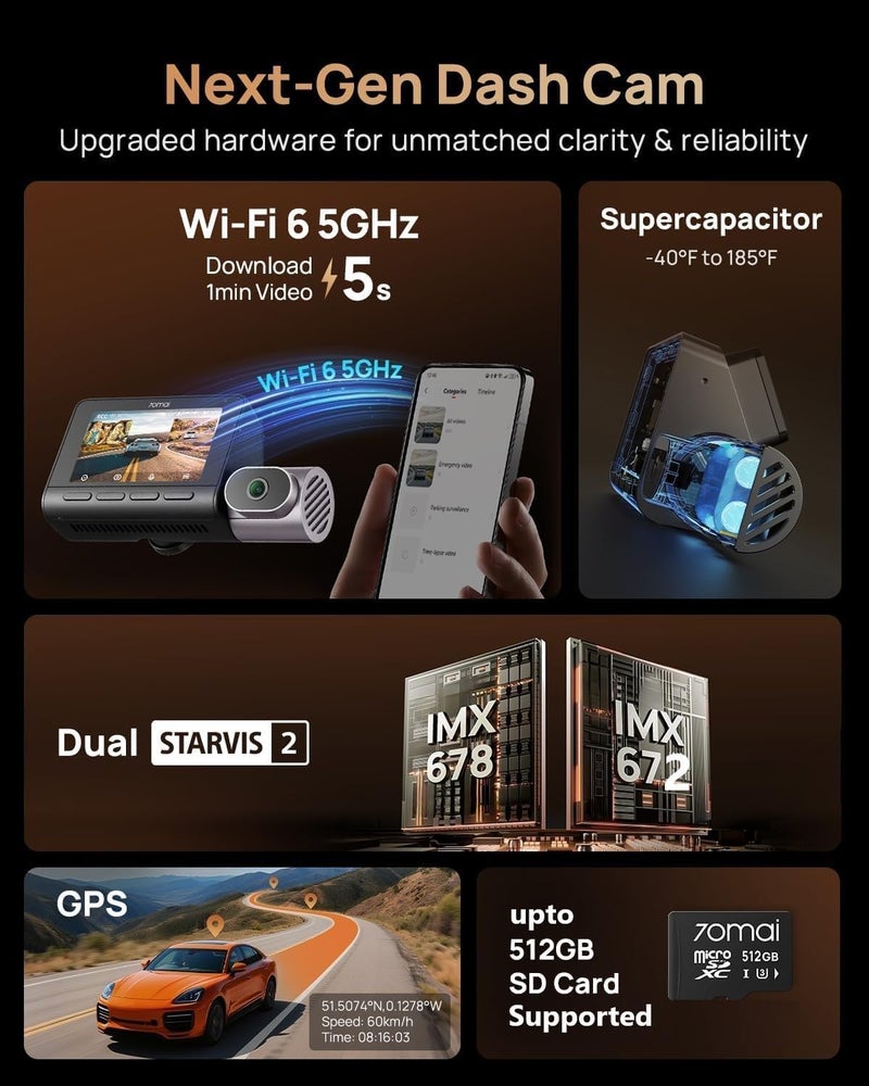70mai 4K T800 3 Channel Dash Cam with Front, Rear, and Interior Recording - Image 4