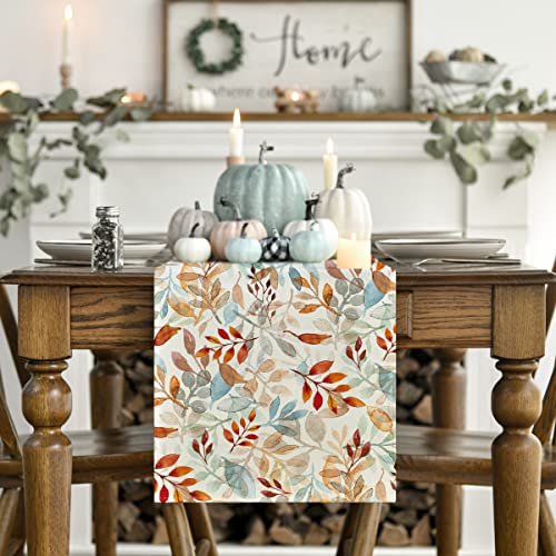 Artoid Mode Beige Eucalyptus Leaves Fall Table Runner, Seasonal Autumn Kitchen Dining Table Decoration for Outdoor Home Party 13x72 Inch - Image 2