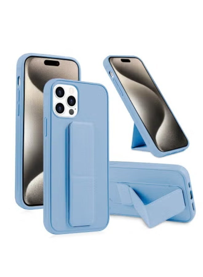 NEW Hand Grip Magnetic Kickstand Case for iPhone 15 Pro Max – 2023 – Sky Blue – Foldable Finger Holder with Wrist Strap, Built-In Iron Plate for Magnetic Mounting, Shockproof Soft TPU Back Cover with Grip & Stand Function, Drop Protection