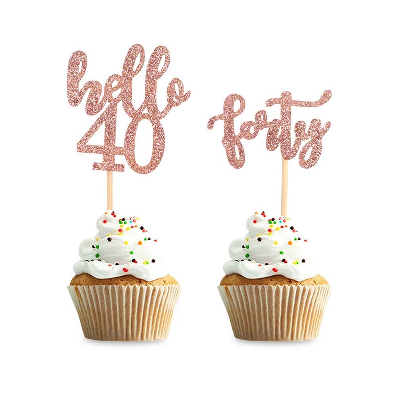 No branded Blumomon 24Pcs Hello 40 Cupcake Toppers Happy 40th Birthday Cake Toppers Forty Cake Topper Picks Rose Gold Glitter Birthday Cake Decoration for Birthday Party Anniversary Celebration Supplies