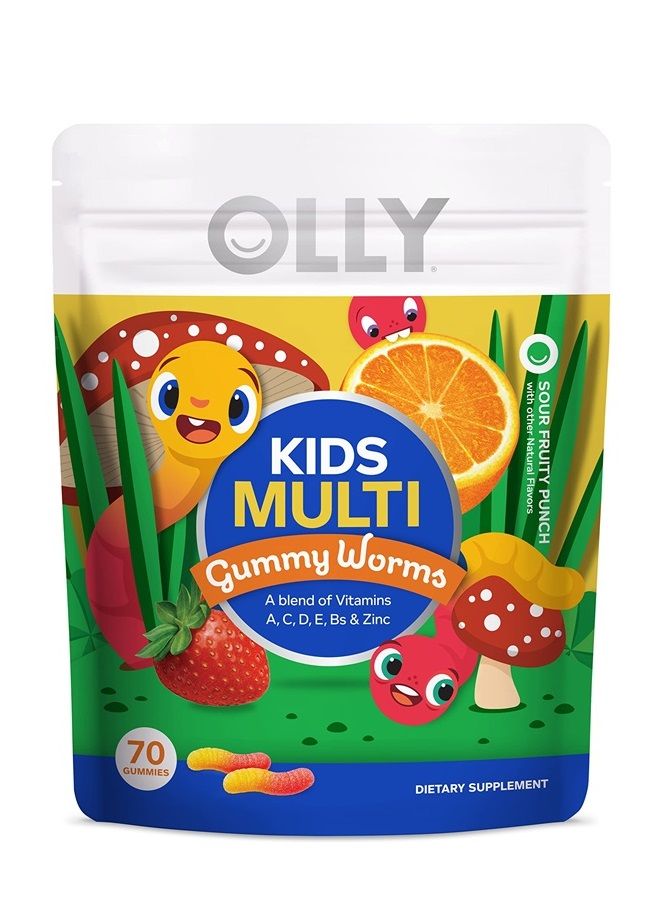 OLLY Kids Multivitamin Gummy Worms, Overall Health and Immune Support, Vitamins and Minerals A, C, D, E, Bs and Zinc, Chewable Supplement, Sour Fruit Punch, 45 Day Supply - 70 Count  - Image 1