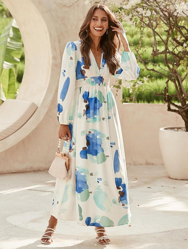 Women's Summer Long Sleeve High Waist Boho Maxi Dress - Blue Print - Image 2