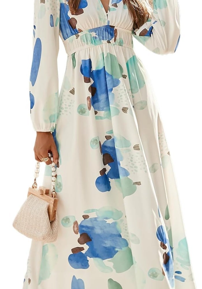 Women's Summer Long Sleeve High Waist Boho Maxi Dress - Blue Print - Image 1