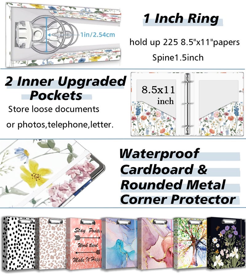 BVSSX 3 Ring Binder 1 Inch, Three Ring Binders Organizer with Clipboard, 5-Tabs Pockets Dividers, Plastic Folder, 18 Divider Stikers, BVSSX Cute Binder with Pen Loop (Blue Bloom, Letter Size) - Image 4