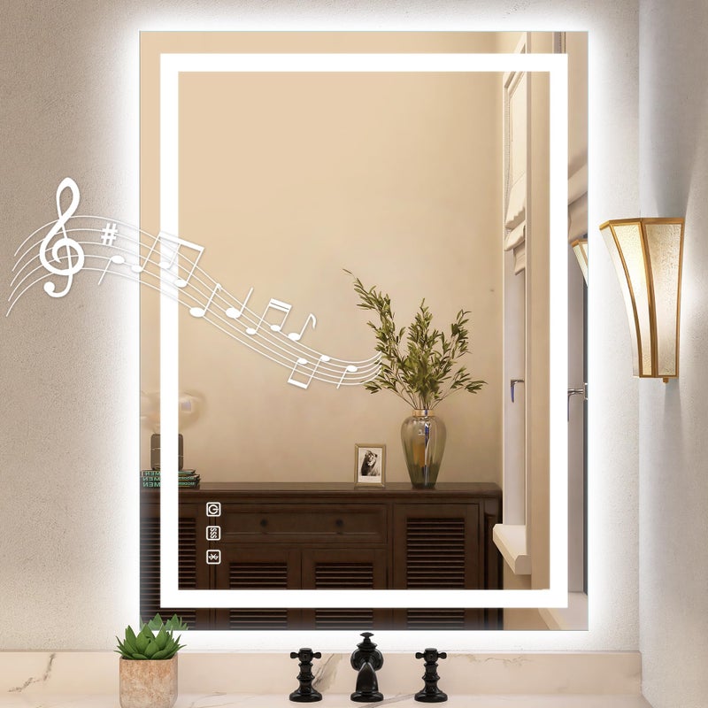 STARLEAD مرآة حمام LED STARLEAD مع أضواء، 24"X32" مثبتة على الحائط مع 3 ألوان قابلة للتعتيم، مكبر صوت بلوتوث، مضادة للضباب، ذاكرة، زجاج مقسى، مضاءة من الأمام والخلف (أفقي/عمودي)  - Image 1