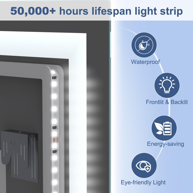 STARLEAD مرآة حمام LED STARLEAD مع أضواء، 24"X32" مثبتة على الحائط مع 3 ألوان قابلة للتعتيم، مكبر صوت بلوتوث، مضادة للضباب، ذاكرة، زجاج مقسى، مضاءة من الأمام والخلف (أفقي/عمودي)  - Image 5