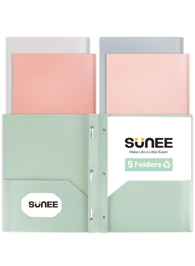 SUNEE Pocket Folders With Prongs(5 Pack, Vintage Colors) Recycled Plastic Folders With Pockets And Prongs Fit Letter Size, Poly Folders With Pockets For School Office Home - Image 1