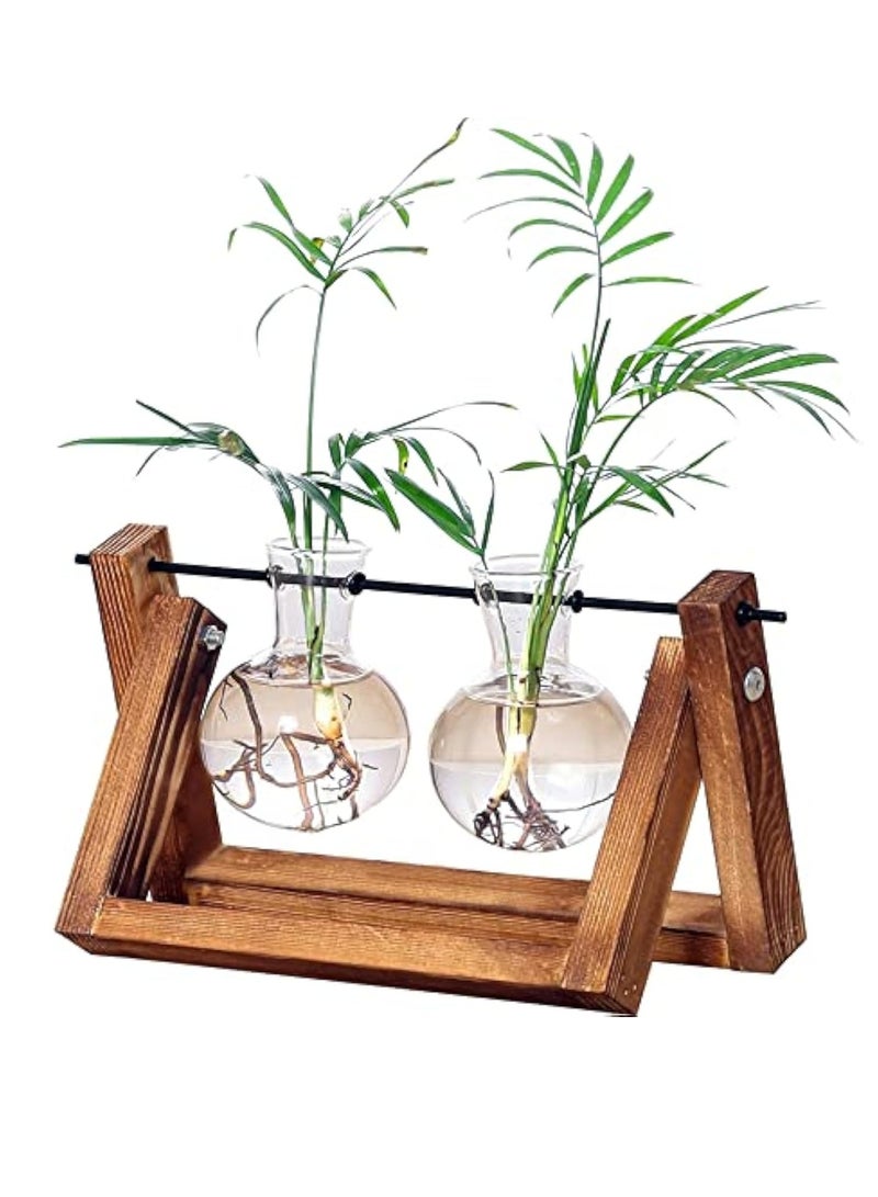 Arabest Plant Terrarium with Wooden Stand, Glass Desktop Planter with Retro Wooden Stand and Plant Terrarium Vase for Indoor Office Desk Decor Accessories (2 Bulbs) - Image 1