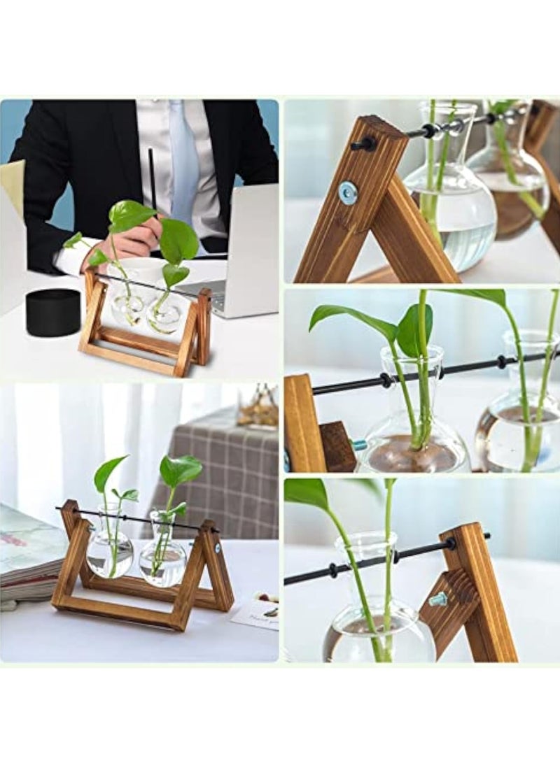 Arabest Plant Terrarium with Wooden Stand, Glass Desktop Planter with Retro Wooden Stand and Plant Terrarium Vase for Indoor Office Desk Decor Accessories (2 Bulbs) - Image 3