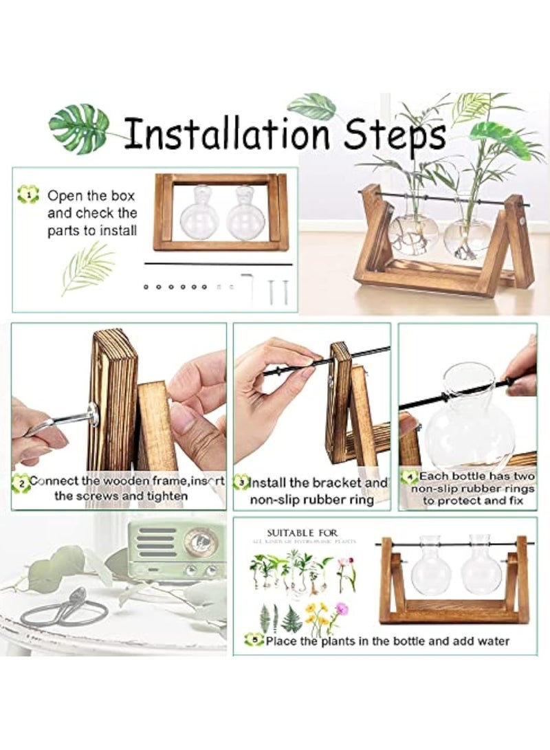 Arabest Plant Terrarium with Wooden Stand, Glass Desktop Planter with Retro Wooden Stand and Plant Terrarium Vase for Indoor Office Desk Decor Accessories (2 Bulbs) - Image 4