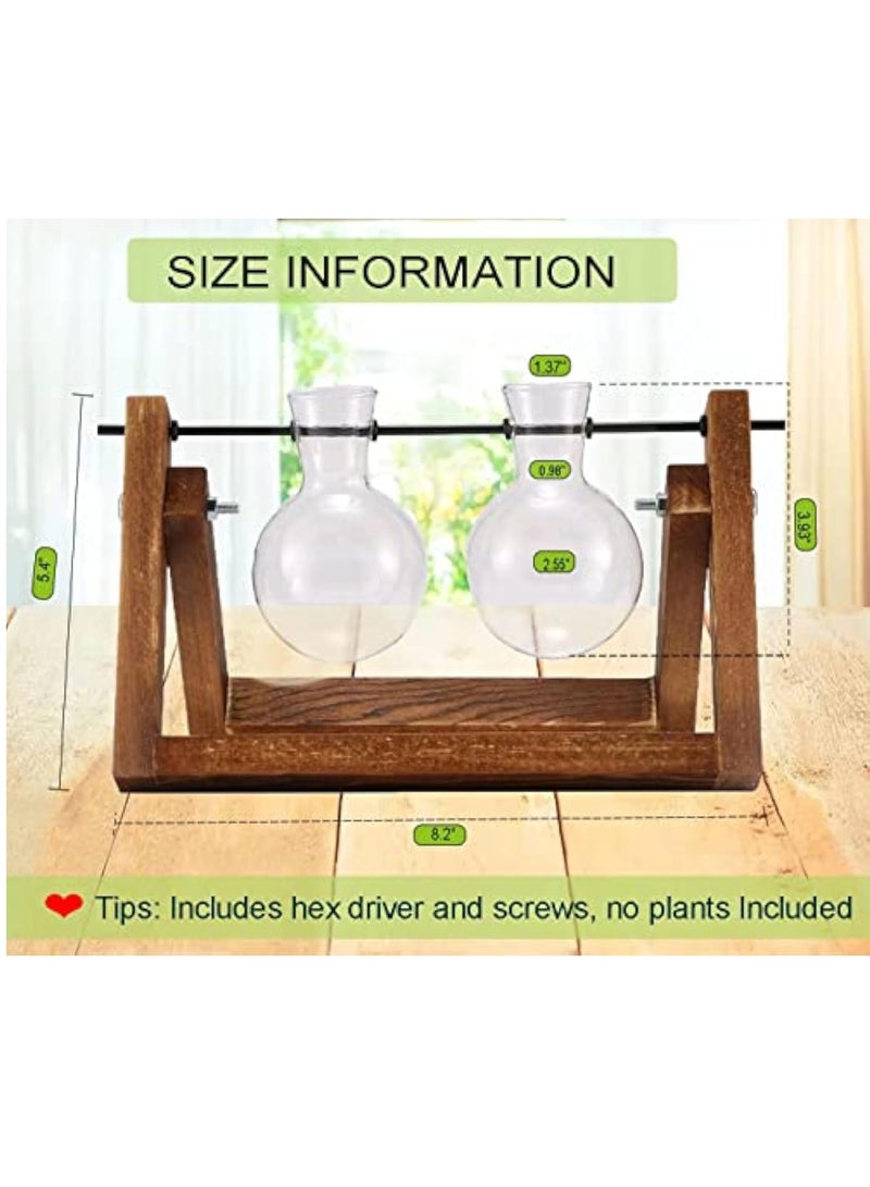 Arabest Plant Terrarium with Wooden Stand, Glass Desktop Planter with Retro Wooden Stand and Plant Terrarium Vase for Indoor Office Desk Decor Accessories (2 Bulbs) - Image 5