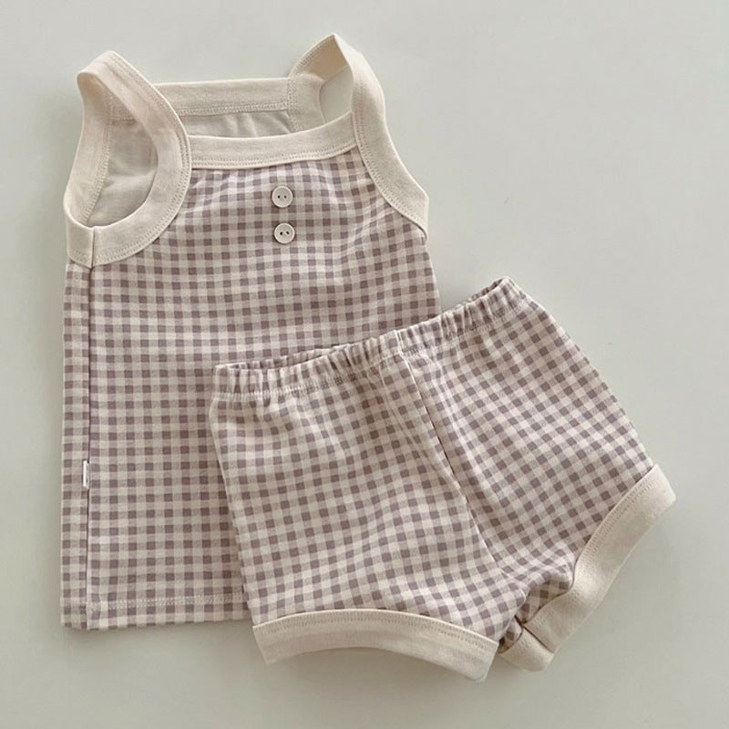 Summer Cotton Baby Vest and Shorts Set Plaid Purple 