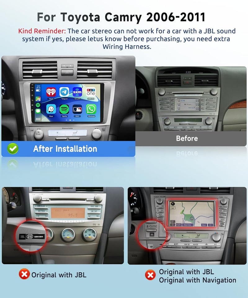 Podofo 8 CORE 2G+64G Car Radio for Toyota Camry 2006-2011 with Wireless CarPlay/Android Auto, Podofo 9 Inch 1280 * 720P IPS Touch Screen Stereo Android 13 GPS WiFi Bluetooth DSP Support HD Backup Camera - Image 2