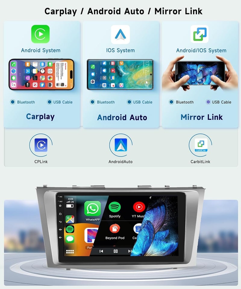 Podofo 8 CORE 2G+64G Car Radio for Toyota Camry 2006-2011 with Wireless CarPlay/Android Auto, Podofo 9 Inch 1280 * 720P IPS Touch Screen Stereo Android 13 GPS WiFi Bluetooth DSP Support HD Backup Camera - Image 4