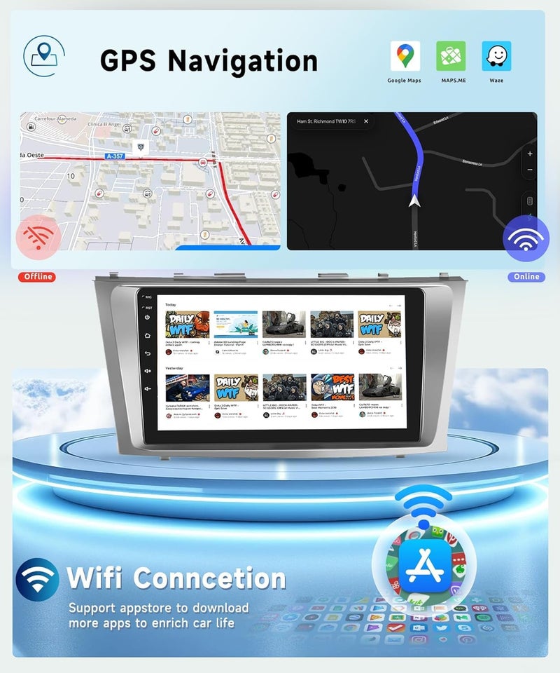 Podofo 8 CORE 2G+64G Car Radio for Toyota Camry 2006-2011 with Wireless CarPlay/Android Auto, Podofo 9 Inch 1280 * 720P IPS Touch Screen Stereo Android 13 GPS WiFi Bluetooth DSP Support HD Backup Camera - Image 3