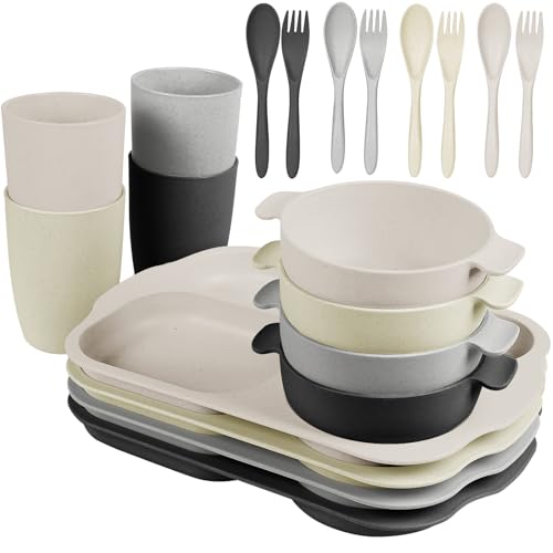shopwithgreen Kids Toddlers Plates and Bowls Sets, 20 PCS Wheat Straw Dinnerware Cutlery Set, Unbreakable Tableware Divided Plate Spoon Knife Cup, Reusable Utensils Set for Kitchen Picnic School - Image 1