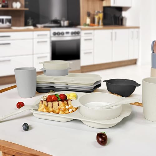 shopwithgreen Kids Toddlers Plates and Bowls Sets, 20 PCS Wheat Straw Dinnerware Cutlery Set, Unbreakable Tableware Divided Plate Spoon Knife Cup, Reusable Utensils Set for Kitchen Picnic School - Image 5