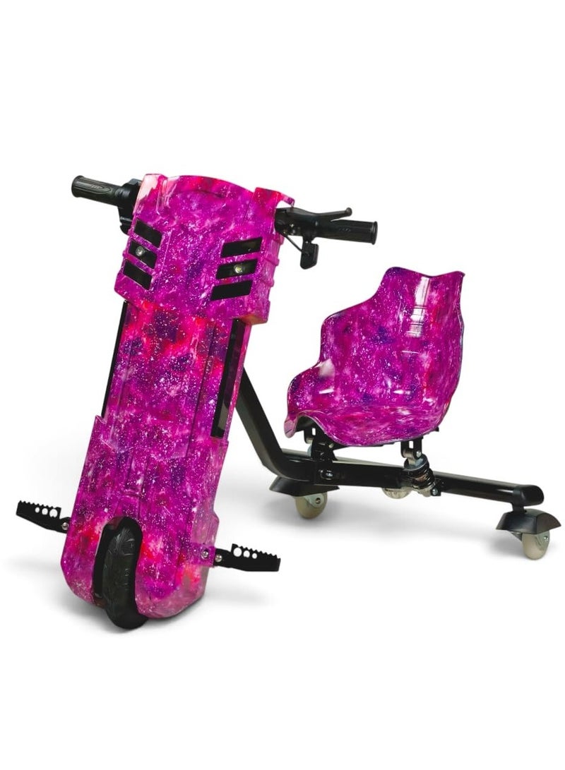البدر سكوتر درفت كهربائي كبير للأطفال 36 فولت، ترايك درفت للركوب مزود بسماعة بلوتوث، إضاءة LED، 3 أوضاع للسرعة، مقعد قابل للتعديل، تشغيل بالمفتاح، لعبة ركوب خارجية للأولاد والبنات، تصميم جالاكسي وردي - Image 1