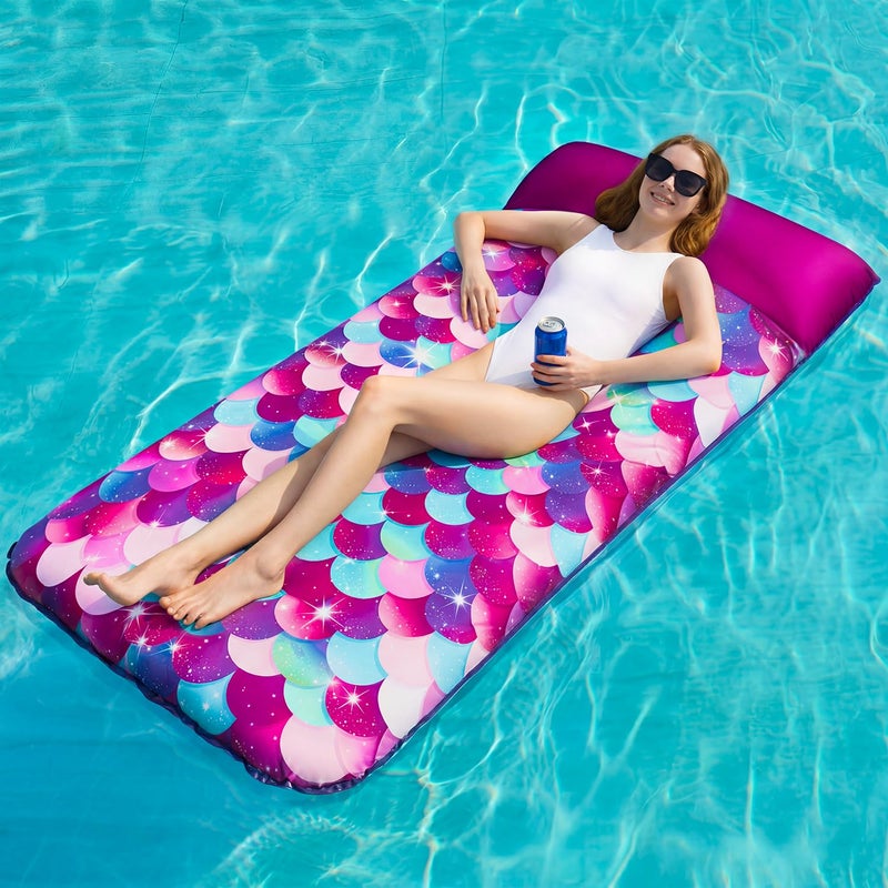 PARENTSWELL Inflatable Mermaid Scales Pool Floats 72 XLarge Fabric Covered Pool Float with Headrest Pool Lounge Floaties for Adults Summer Pool Party Decorations Supplies - Image 2