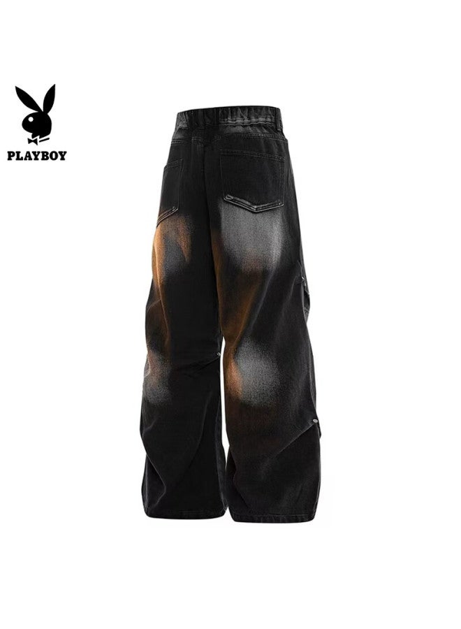 Playboy Men's Jeans Casual Pants Straight Loose High-end Wide-leg Trousers Navy Blue 3XL - Image 2